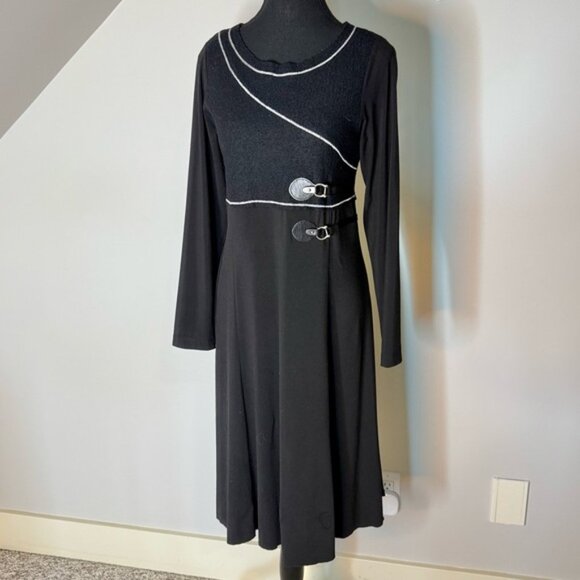 Black Long Sleeve Midi Dress Wool Bodice Horse Bit Buckle Detail Zipper Raw Hem - Picture 5 of 11